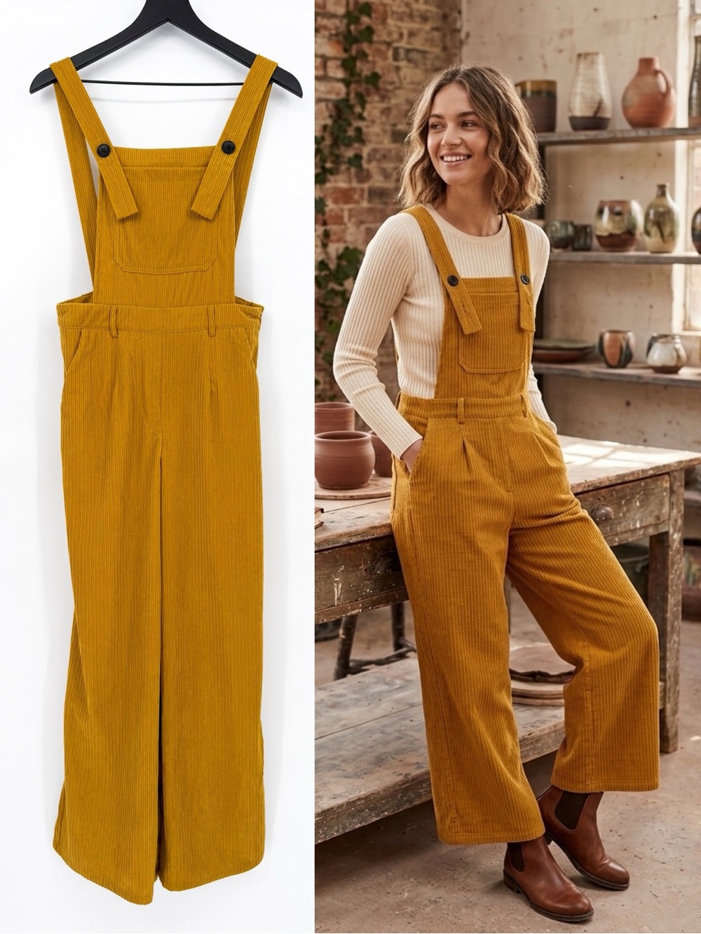 NWT Cider Mustard Yellow Corduroy Wide Leg Overalls Jumpsuit Medium